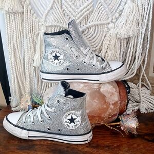 Girls CONVERSE Metallic Silver Sparkle Chuck Taylor Metallic Silver High-Tops 12